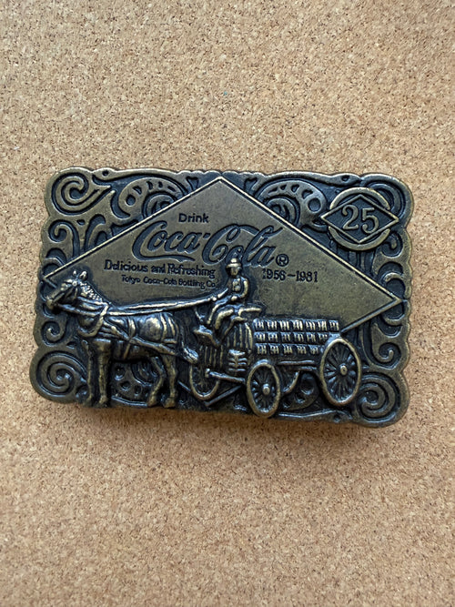 Tokyo Coca-Cola Bottling 25th Anniversary Brass Belt Buckle (1956–1981) — Vintage Japan, with Box